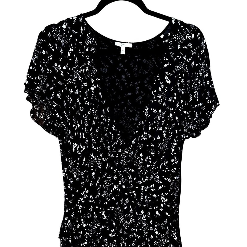 Joie Orita Tiered Faux Wrap Black White Floral Midi Dress 10 Short Sleeve - Picture 2 of 6